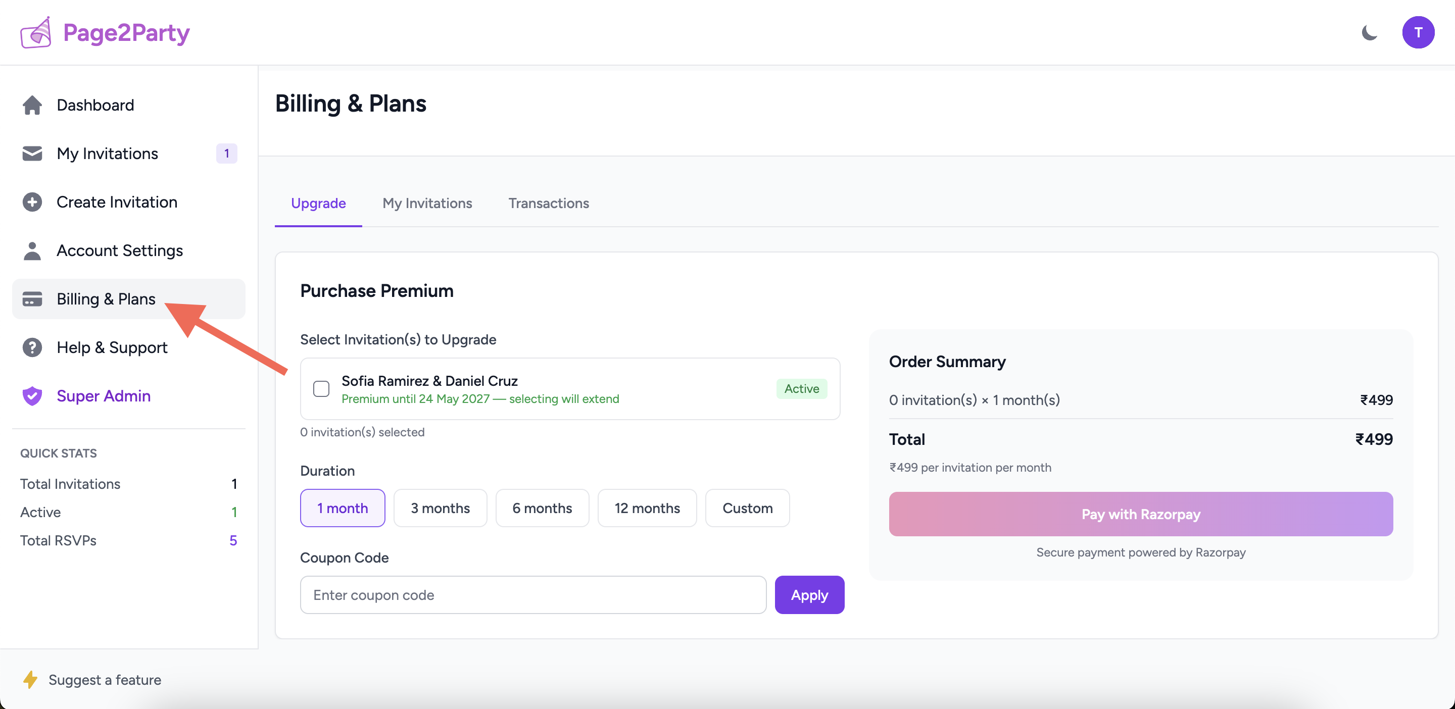 Billing page showing the Upgrade tab with invitation selector and duration options