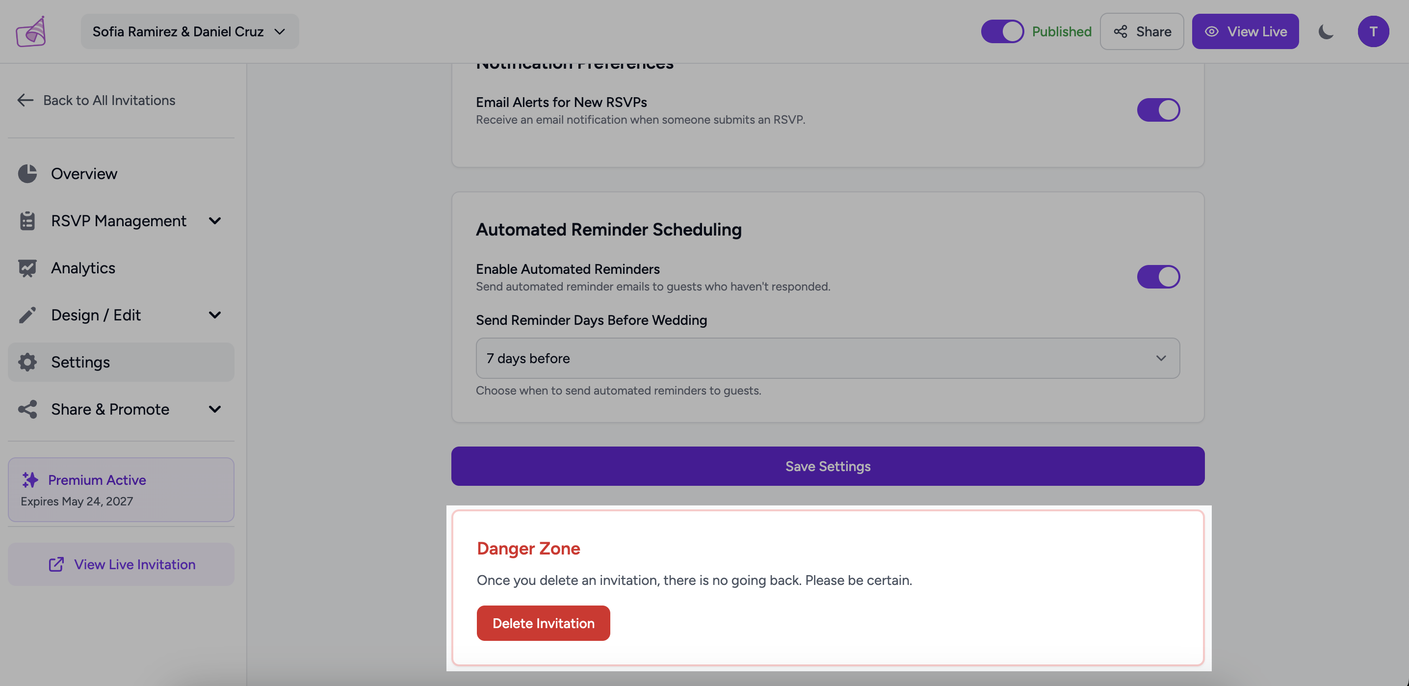 Settings page showing the red-bordered Danger Zone section with the Delete Invitation button