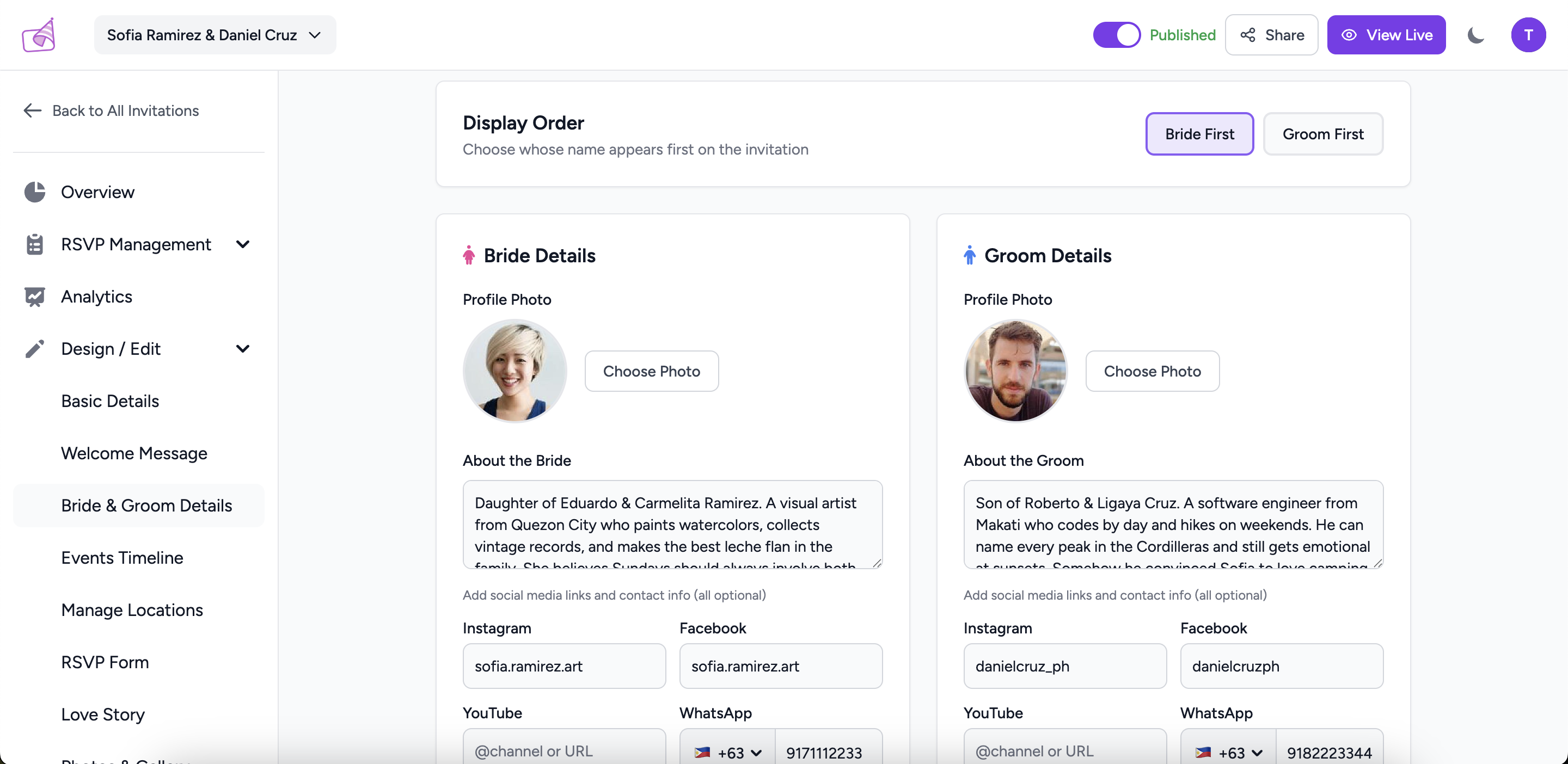 Invitation dashboard showing the left sidebar with sections like Welcome Message, Events, Gallery, Love Story