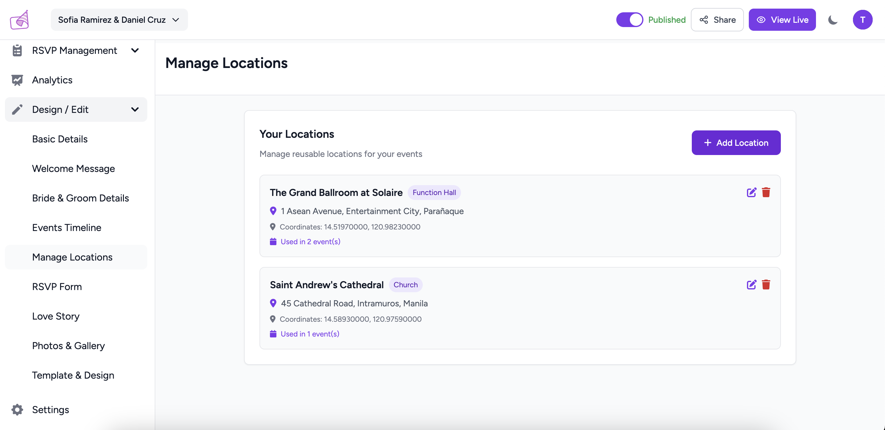 Locations list page showing venue cards with name, address, type badge, and edit/delete buttons