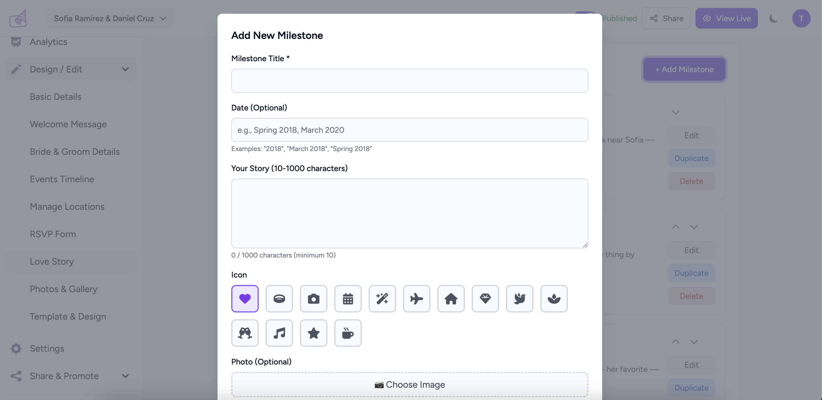 Add Milestone modal showing title, date, story fields, icon grid picker, and photo upload option