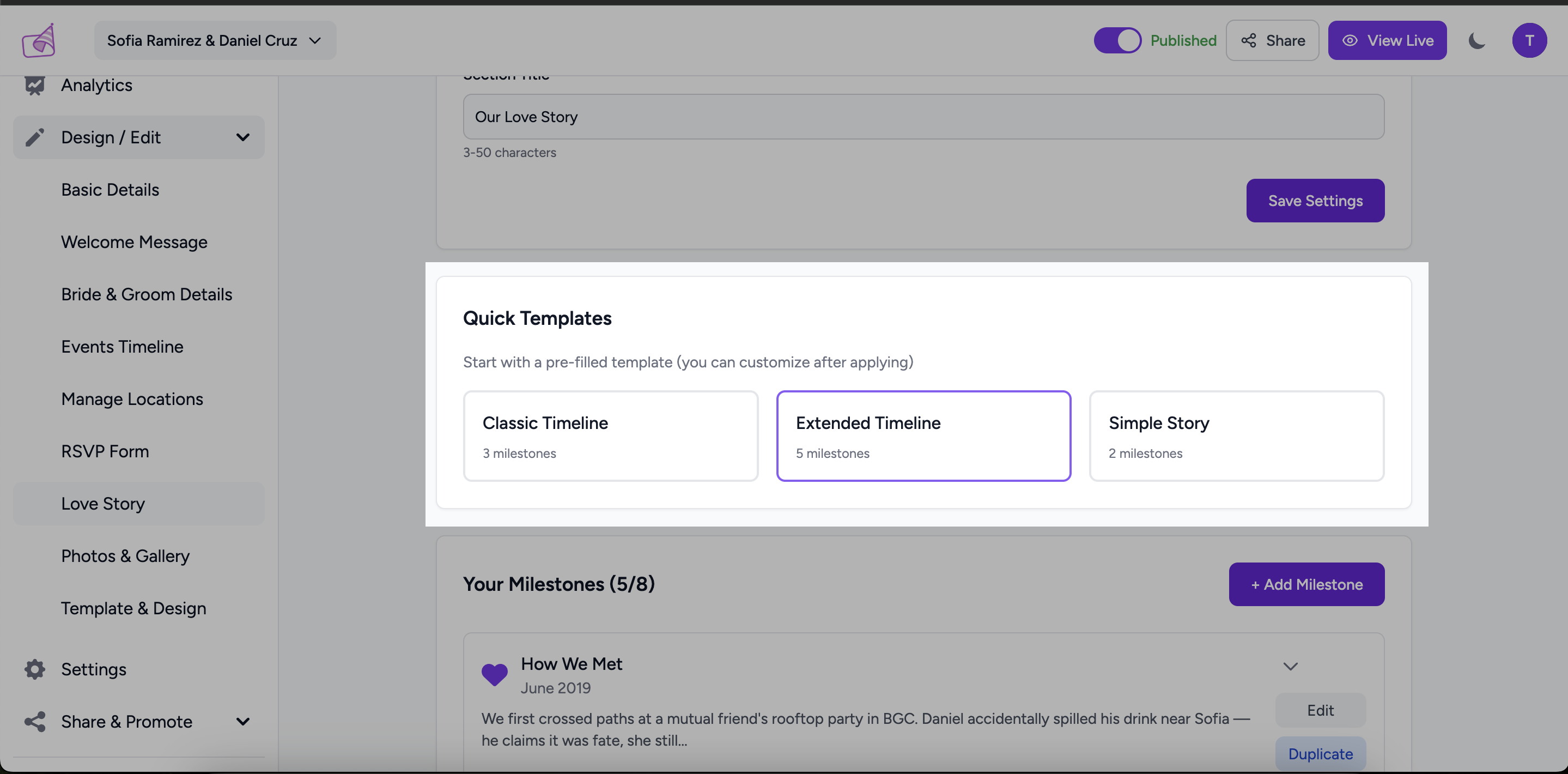 Three Quick Template buttons showing milestone counts for each pre-built timeline template