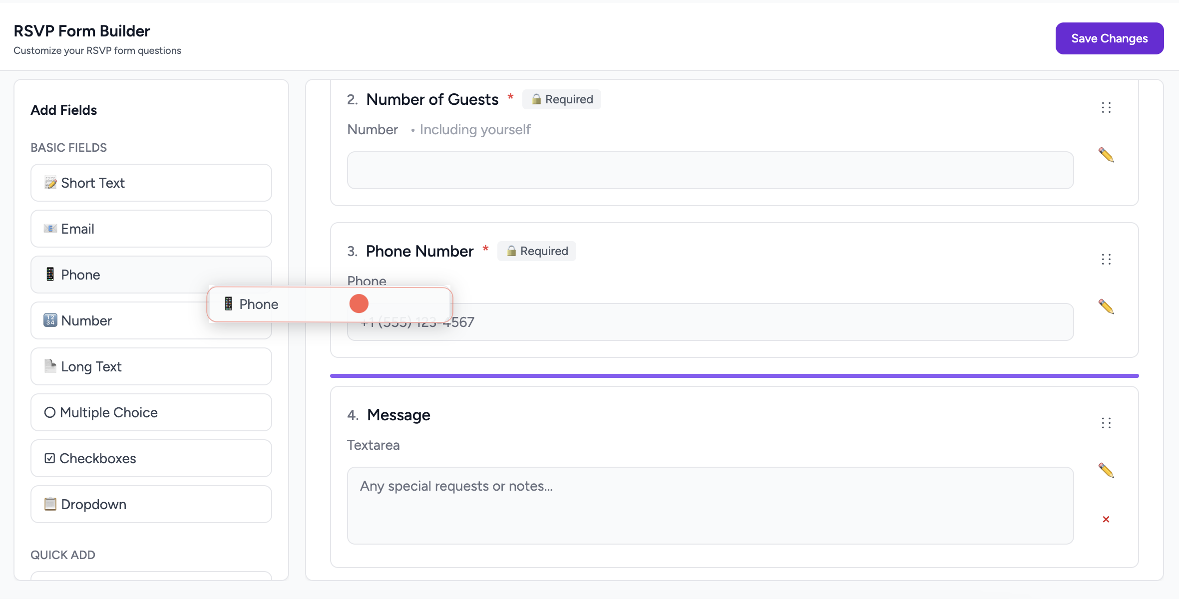 RSVP Form Builder on desktop — left sidebar with field types and main form canvas