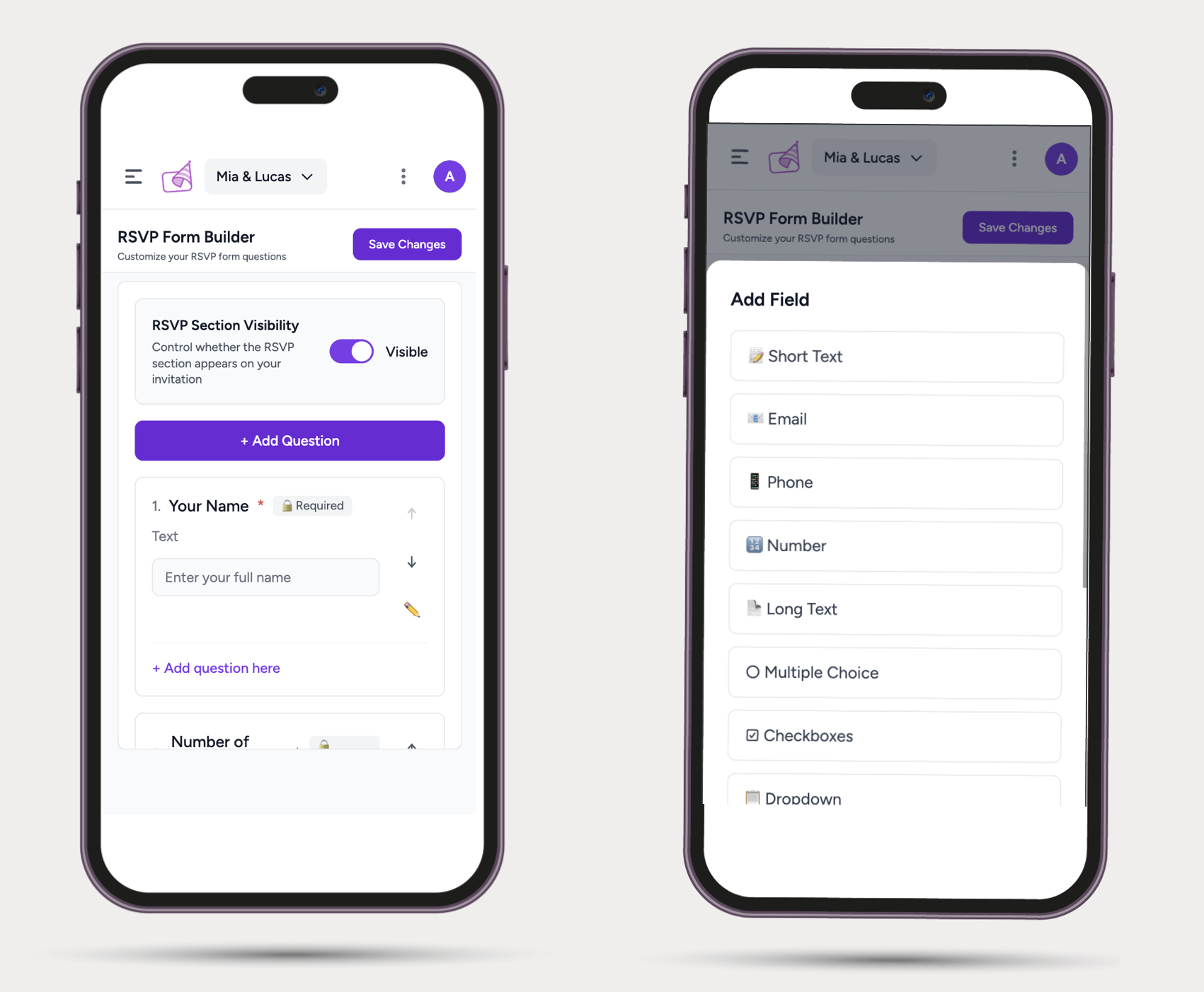 RSVP Form Builder on mobile showing the Add Question button and bottom sheet field picker