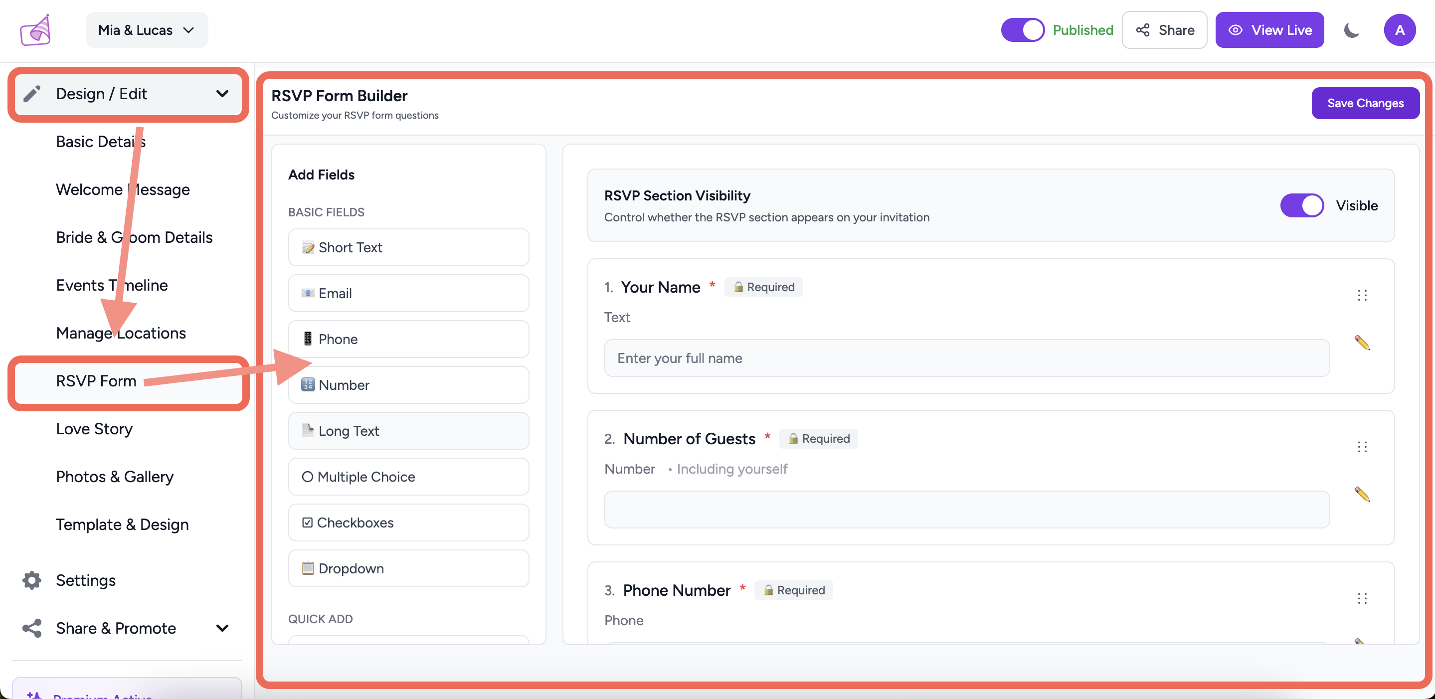 Invitation sidebar with RSVP Form Builder link highlighted