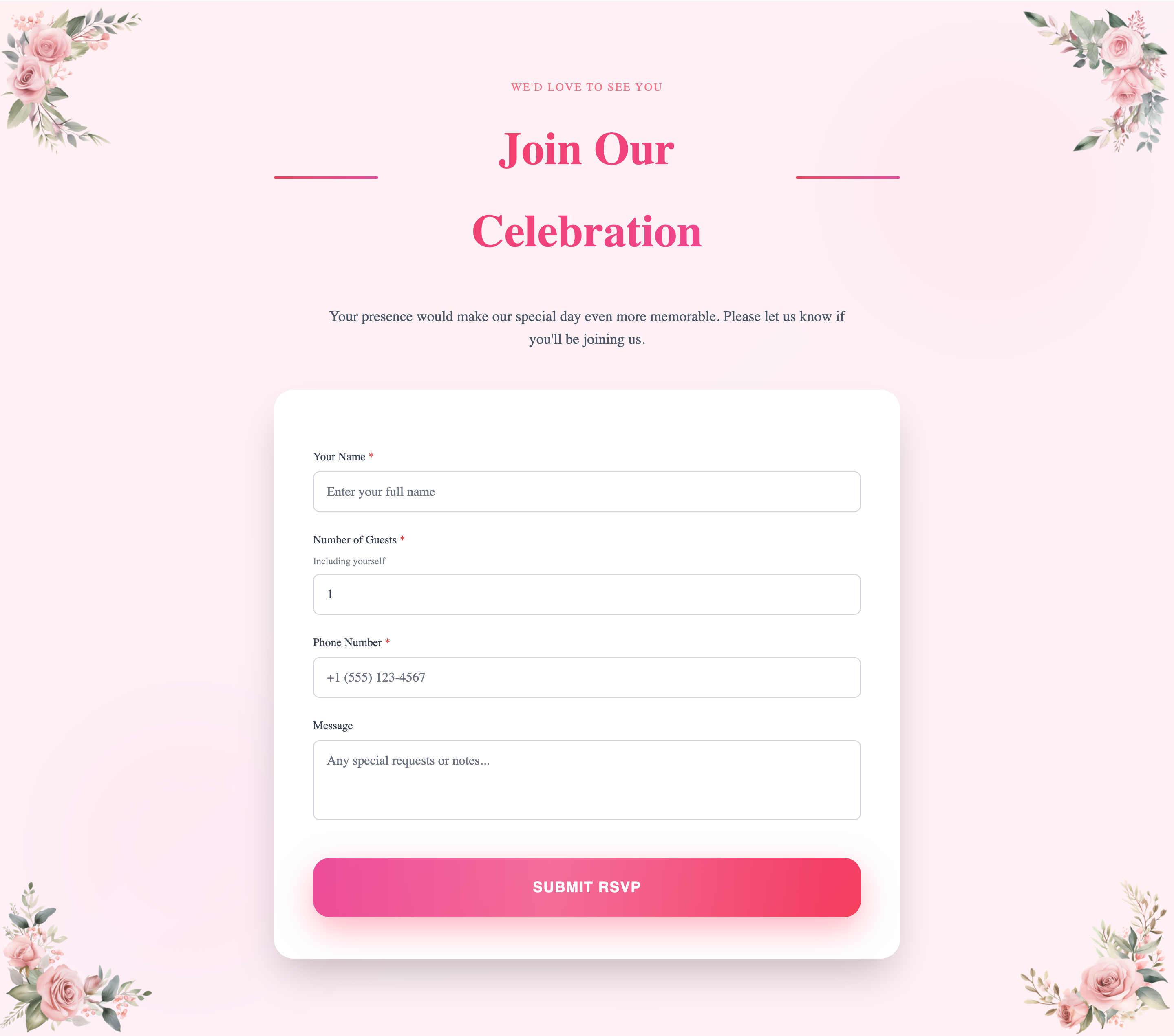 RSVP form on the invitation page as guests see it — name, phone, and guest count fields