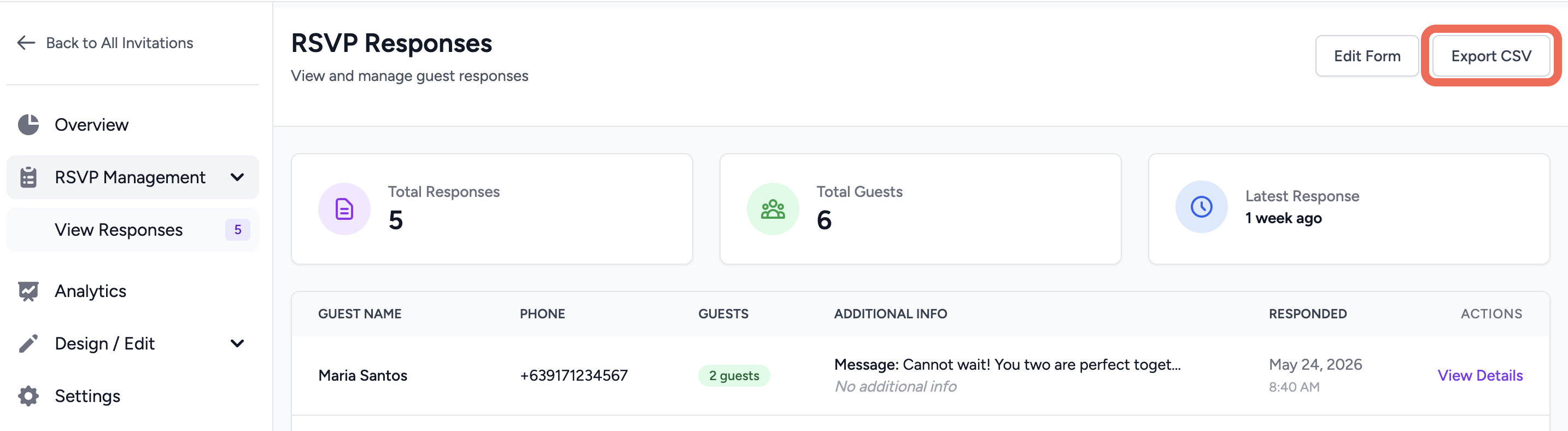 RSVP Responses page header with the Export CSV button highlighted in the top right