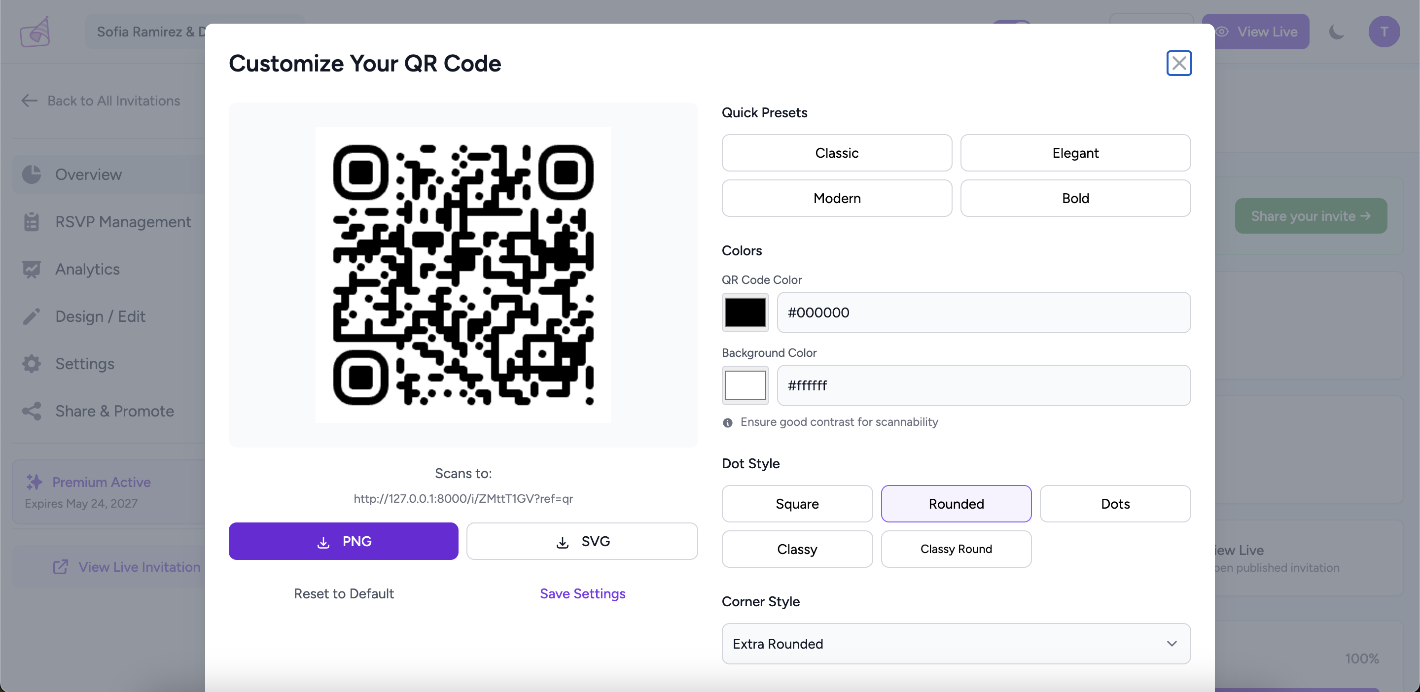 QR code generator showing the downloadable QR code for the invitation link