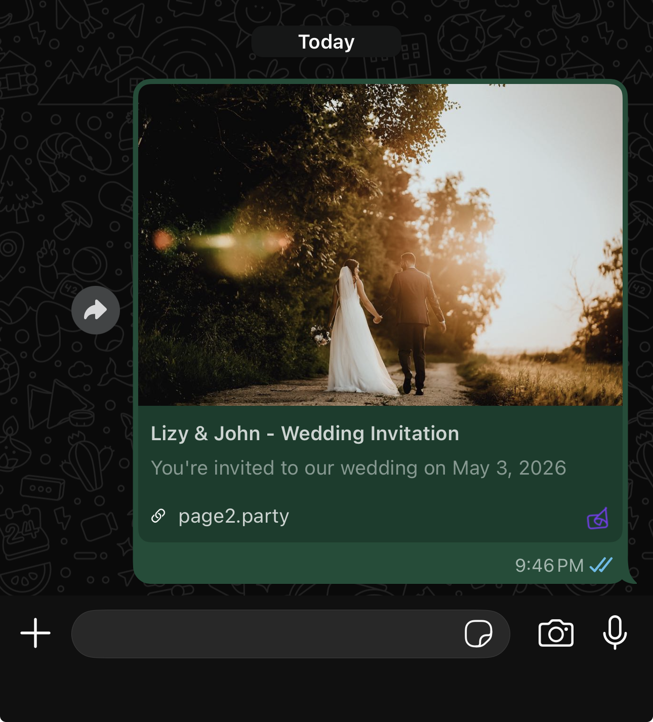WhatsApp chat showing the invitation link with a rich preview card displaying couple names and wedding date