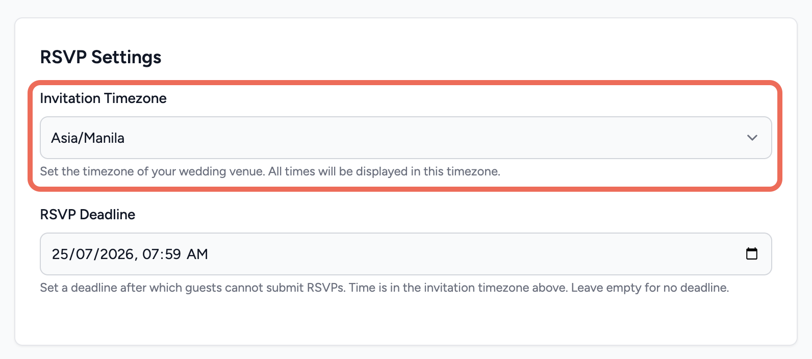 RSVP Settings card on the Settings page, showing the Invitation Timezone dropdown