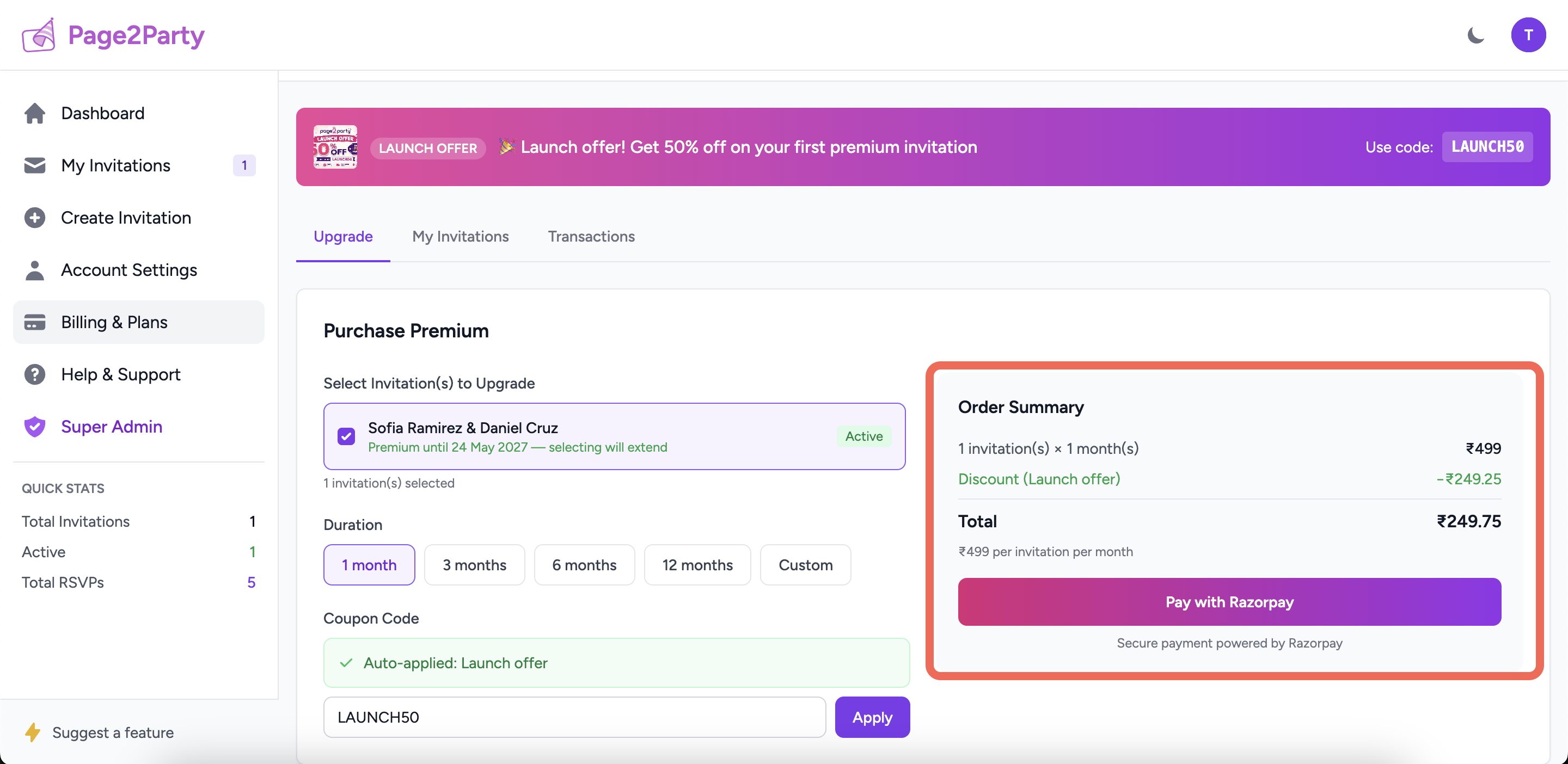 Order summary panel showing invitations × months calculation, discount line, and Pay with Razorpay button